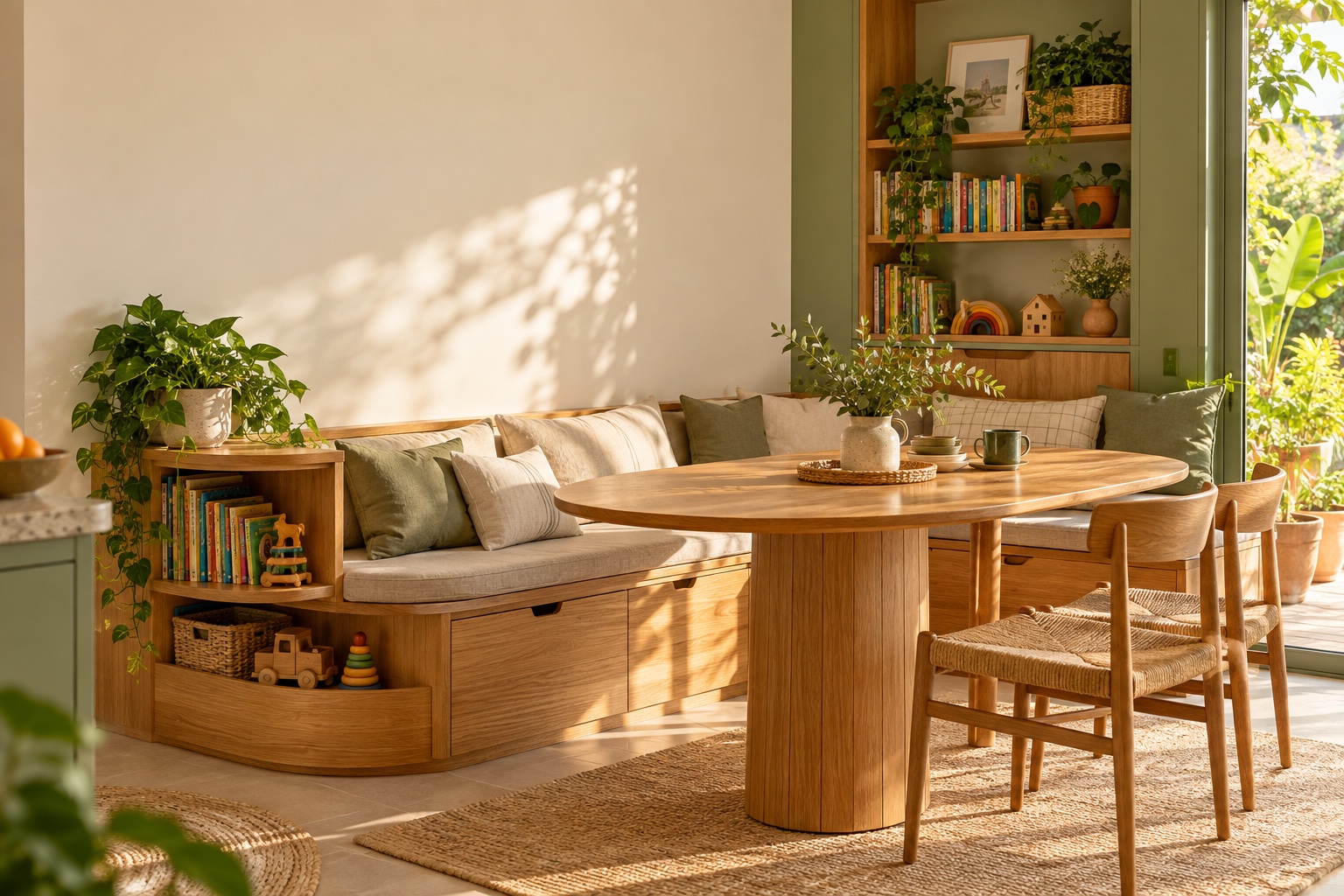 recanto familiar com banco de madeira, livros e plantas